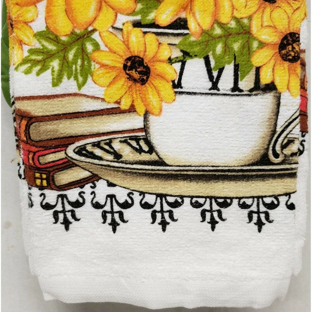 5pc Set: 2 Pot Holders, 1 Oven Mitt & 2 Same Towels, SUNFLOWERS & BOOKS,green,KC